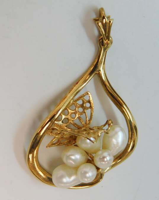 14K Yellow Gold Pearl Flower & Filigree Butterfly Pendant 3.5g image number 1