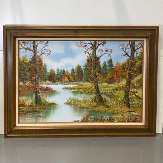 Original Landscape Amber Autumn on the Lake Oil on canvas by Marthy Cane Signed image number 1