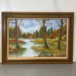 Original Landscape Amber Autumn on the Lake Oil on canvas by Marthy Cane Signed