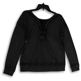 NWT Womens Black Lace-Up Neck Long Sleeve Knitted Pullover Sweater Size S