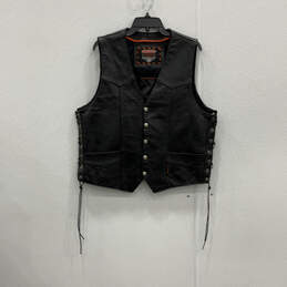 Mens Black Leather Sleeveless V-Neck Front Pockets Motorcycle Vest Size L