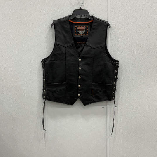 Mens Black Leather Sleeveless V-Neck Front Pockets Motorcycle Vest Size L image number 1