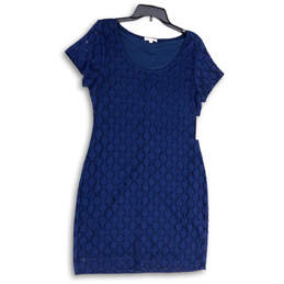 Womens Blue Lace Short Sleeve Round Neck Knee Length Sheath Dress Size L