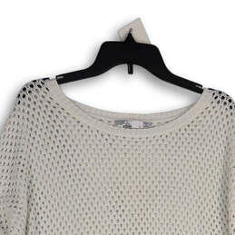 Womens White Open-Knit Round Neck Long Sleeve Pullover Sweater Size Large