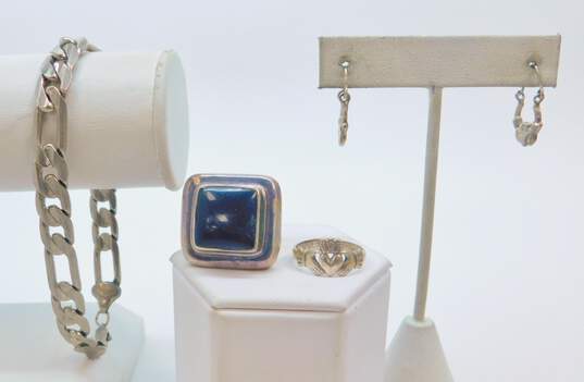 Artisan 925 Chunky Onyx Inlay Ring Figaro Chain Bracelet w/ Claddagh Fine Jewelry 57.5g image number 1