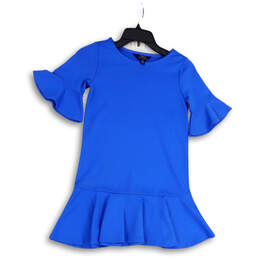 Womens Blue Ruffle Trim 3/4 Sleeve Regular Fit Pullover Mini Dress Size 8