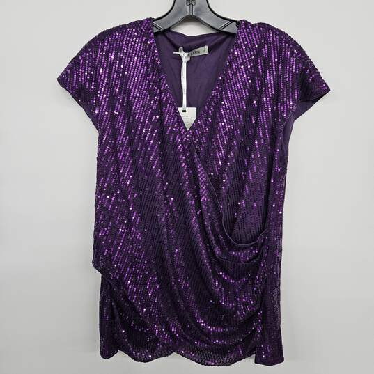 Purple Sequin Ruched Wrap Blouse image number 1