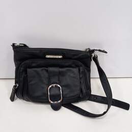 Womens Black Leather Silver Tone Zip Crossbody Bag