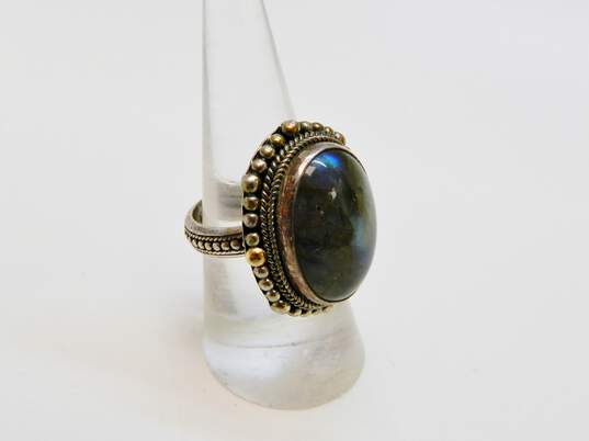 Signed M ID 925 & 18K Gold Accents Labradorite Cabochon Granulated Oval Ring 12.2g image number 3