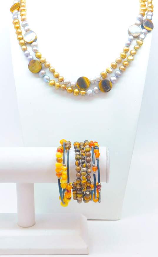 Amber, Tiger's Eye & Pearl Artisan Jewelry 205.5g image number 1