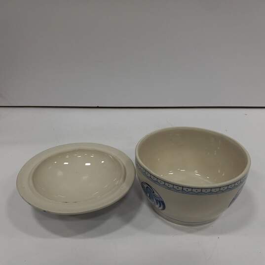 Blue and White Asian Themed Ceramic Bowl w/Lid image number 2