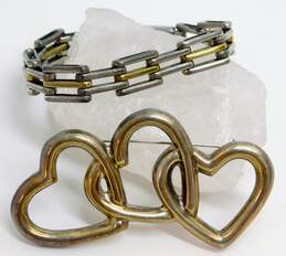Taxco 925 Triple Interlocked Heart Brooch & Linked Bracelet 46.6g