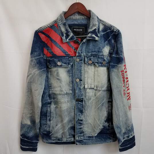 Men's distressed bleached denim jacket with red spell out text L image number 1
