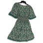 NWT Womens Green Floral 3/4 Bell Sleeve Smocked Waist Wrap Dress Size S image number 2