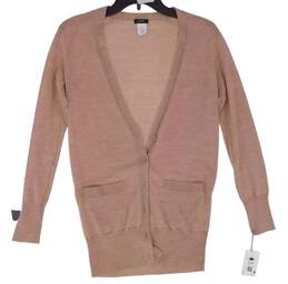 NWT Womens Tan Long Sleeve V Neck Button Stretch Cardigan Sweater Size XXS