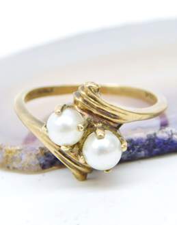 10K Yellow Gold White Pearls Scrolled Bypass Ring 1.5g