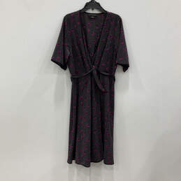 Womens Black Purple Striped Floral V Neck Short Sleeve Wrap Dress Size 2X