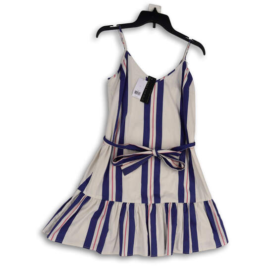 NWT Womens White Blue Striped V-Neck Spaghetti Strap Waist Tie Mini Dress 4 image number 1