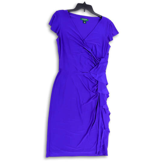 Womens Purple Flutter Sleeve Side Ruched Ruffle V-Neck Wrap Dress Size 8 image number 1