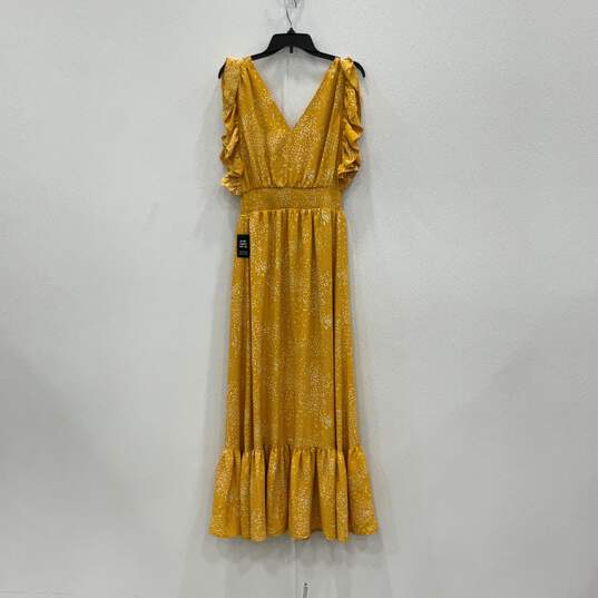 NWT Express Womens Yellow White Ruffle Sleeveless V-Neck Maxi Dress Size Medium image number 2