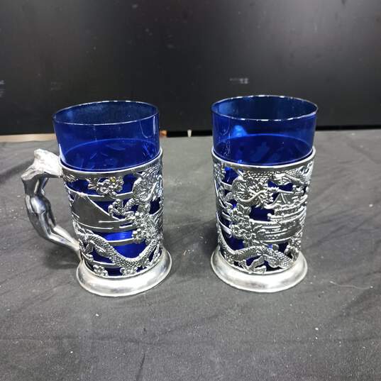 Pair of Japanese Cobalt Blue Glass With Silver Tone Tankard Goblets image number 3