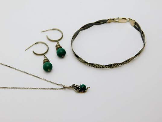 Ethereal 925 Sterling Silver & Faux Malachite Demi Hoop Earrings Dragon Pendant Necklace & Herringbone Chain Bracelet 12.9g image number 1