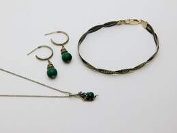 Ethereal 925 Sterling Silver & Faux Malachite Demi Hoop Earrings Dragon Pendant Necklace & Herringbone Chain Bracelet 12.9g