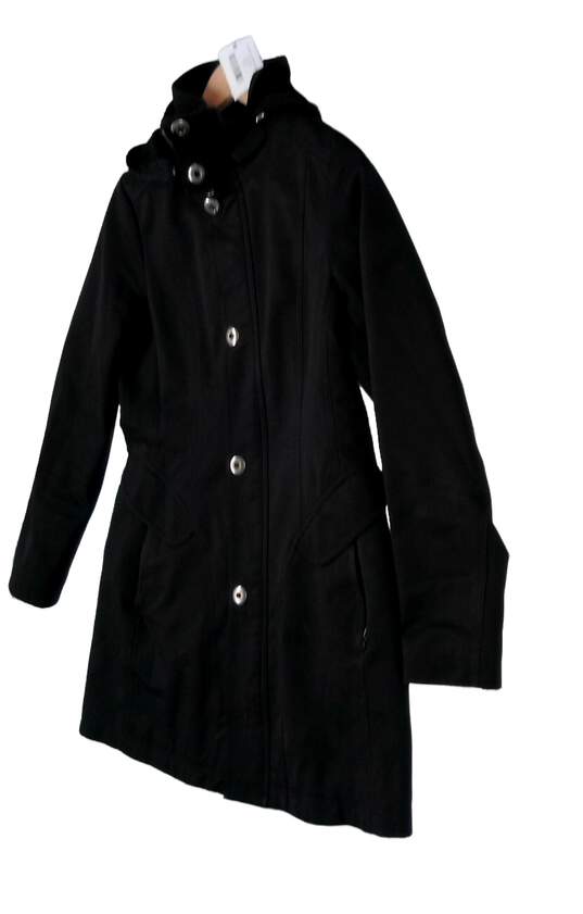 Womens Black Long Sleeve Hooded Button Front Trench Coat Size Small image number 3
