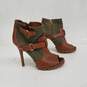 Tory Burch Oren Leather Olive Tan Canvas Peep Toe Stiletto Pump Bootie Size 10 image number 1