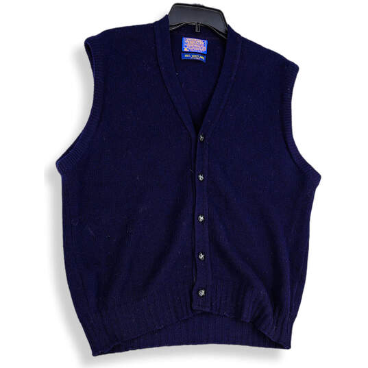 Mens Blue Wool V-Neck Sleeveless Font Button Sweater Vest Size XL image number 1