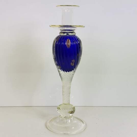 Murano Candle Stick / Blown Art Glass / Cobalt Blue w/ Gold Accents image number 7