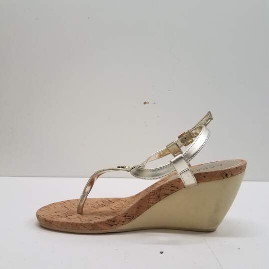 Lauren Ralph Reeta Gold Lauren Quark Leather Ankle Strap Wedge Sandal Shoes Size 9 B image number 2