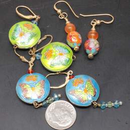 Assortment of 3 Pairs Gold Filled Cloisonné Earrings - 13.24g