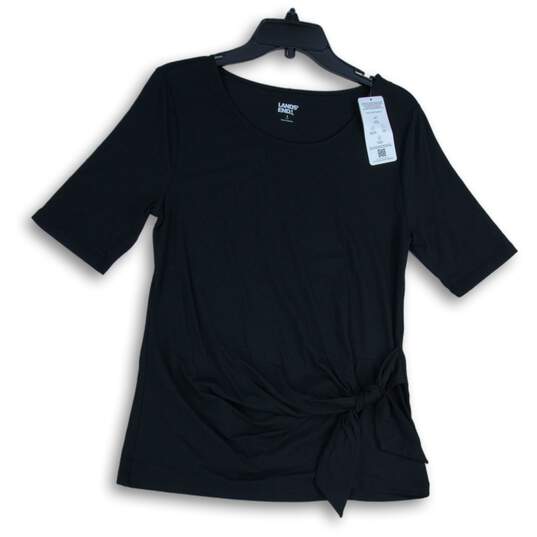 NWT Lands' End Womens Black Short Sleeve Tie Front Pullover Blouse Top Size 6-8 image number 1