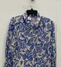 Womens Blue White Floral 3/4 Sleeve Collared Button Front Shirt Dress Sz L image number 3