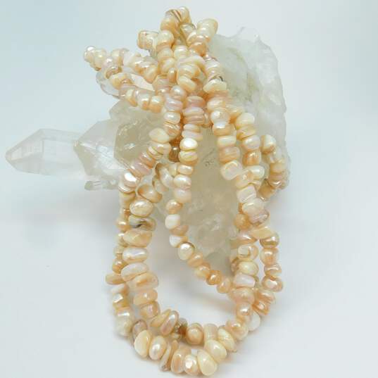 Vintage Les Bernard 925 Vermeil Clasp Pink Mother of Pearl Shell Beaded Three Strand Necklace 97.2g image number 3