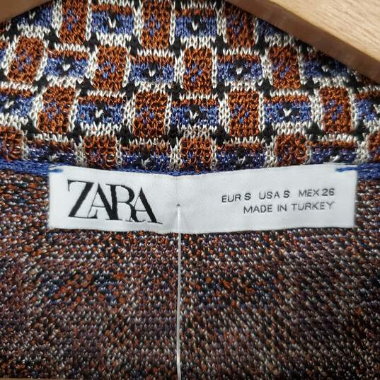 Zara Brown & Blue Geometric Patterned Front Key Whole Knit Top WM Size S NWT image number 3