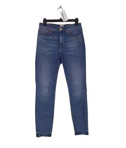 Womens Blue Denim Belt Loops 5 Pocket Button Straight Leg Jeans Size Small