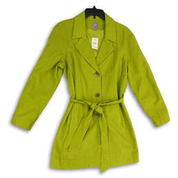 NWT Womens Green Notch Collar Corduroy Long Sleeve Belted Trench Coat Sz L