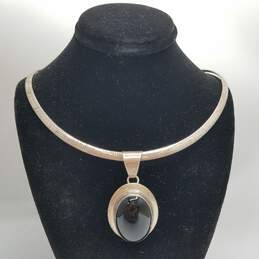 Vintage CH Sterling Silver Onyx Omega Chain & Oval Stone Pendant Necklace 26.5g