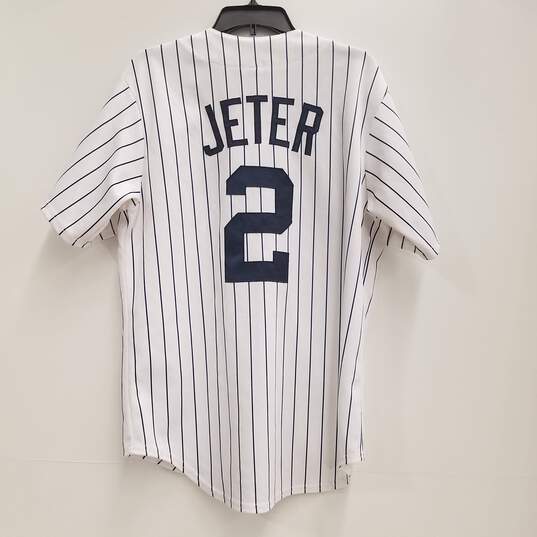 Majestic Men's New York Yankees Derek Jeter #2 White Pin Striped Jersey Sz. M (With Captain's Patch) image number 2