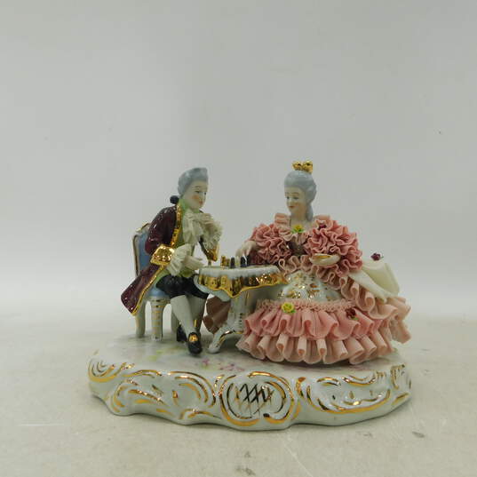 Vintage Germany Dresden Style  Porcelain Lace Figurine - Man & Woman Playing Chess image number 1