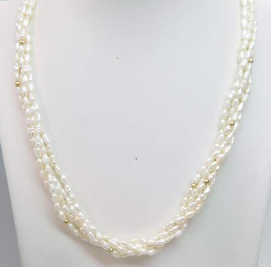 14K Yellow Gold Multi Strand Pearl & Gold Beaded Necklace 32.9g image number 1
