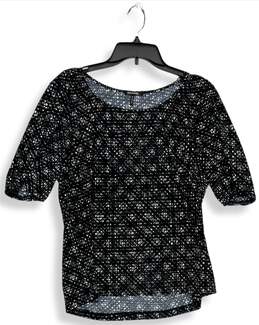 Womens Black Floral Round Neck 3/4 Sleeve Stylish Pullover Blouse Large
