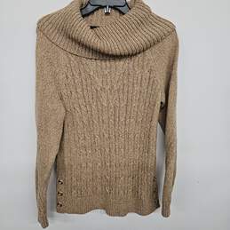 Tan Cowl Neck Knitted Sweater With Gold Buttons