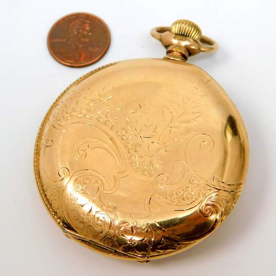 Antique 1902 Gold Filled Hamilton 17 Jewels Floral Etched Hunting Case Pocket Watch 126.8g image number 8
