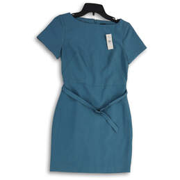 NWT Womens Blue Short Sleeve Round Neck Belted Back Zip Sheath Dress Size 8