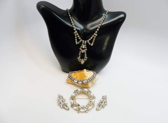 Vintage Silvertone Icy Rhinestones Pendant Necklace Leaf Clip On Earrings Bracelet & Open Circle Brooch 56.4g image number 1