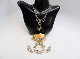 Vintage Silvertone Icy Rhinestones Pendant Necklace Leaf Clip On Earrings Bracelet & Open Circle Brooch 56.4g