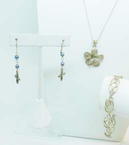 Artisan 925 Hibiscus Flower Pendant Necklace Dark Pearls & Cross Drop Earrings & Celtic Knot Paneled Bracelet 23.3g